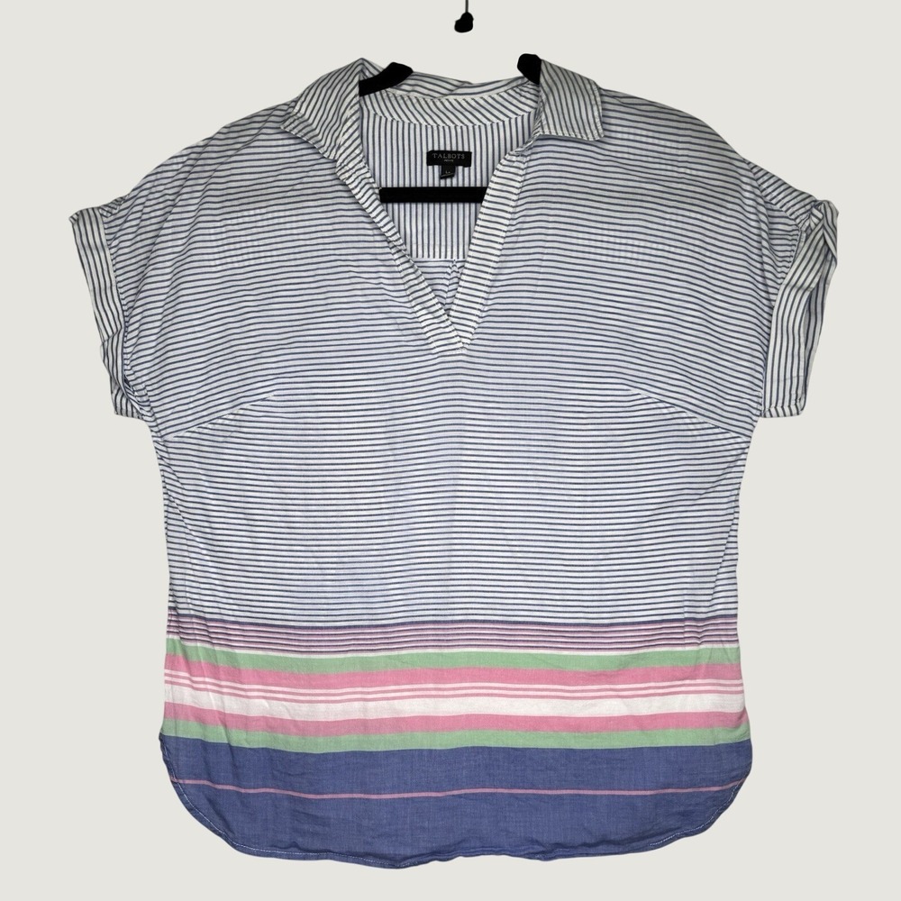 Women's Talbots Cotton Multicolor Striped Collared Top Size L Petite Coastal